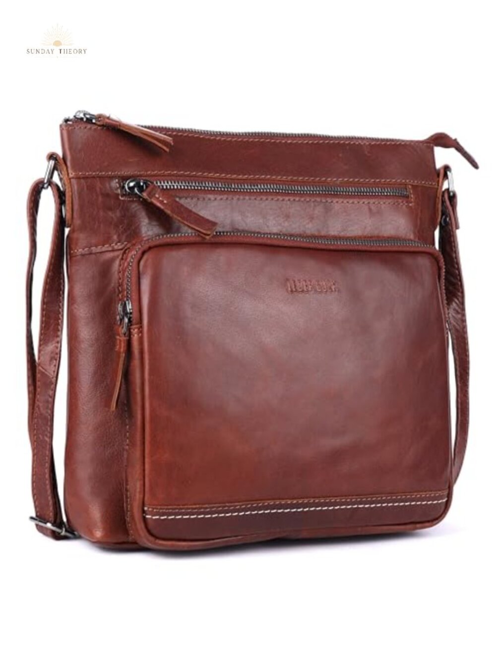 Genuine Leather Extra-Large Crossbody Purse Triple-Zip Adjustable Strap